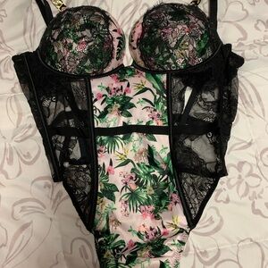 Victoria's Secret Black and Pink Floral Lace Bodysuit